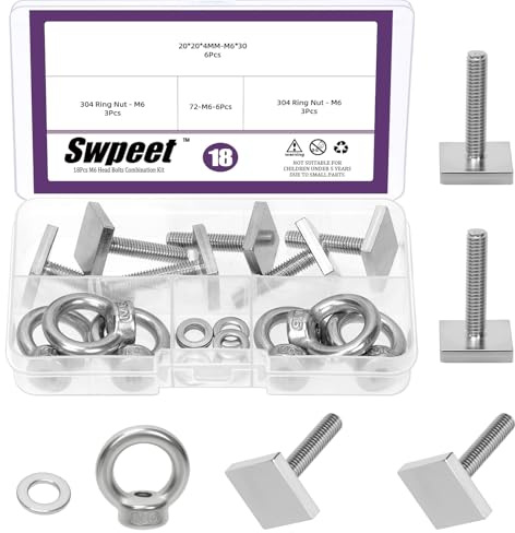 Swpeet 6 uppsättningar 304 rostfritt stål M6 T-spårmontering Tie Down Anchor Bolts Kit, M6 × 30mm T Slot Bolts med Eye Bolt, Tvättmaskin, Heavy Duty T-slot Eye Bolts för takrack, förankringsrep