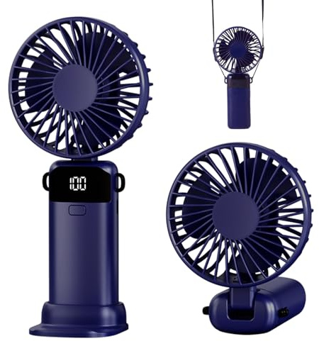 Jumkeet Handheld Fan, Mini Portable Foldable Fan with USB Rechargeable Battery 2600mAh, 5 Speeds Battery Operated Desk Desktop Fan with LED Display & Base for Home Office School Travel Outdoor (Blue)