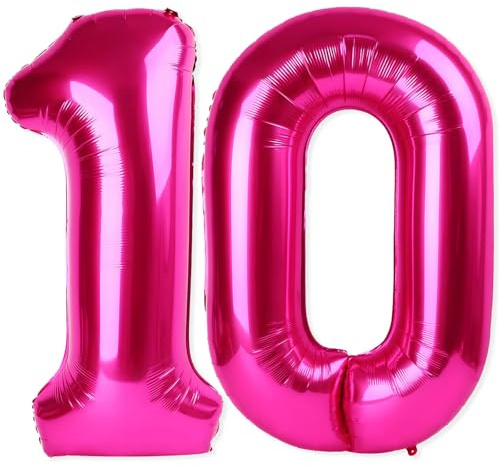 10 palloncini giganti a elio con numero 10, 101 cm, colore rosa acceso, per decorazioni per 10° compleanno, anniversari, eventi, feste, decorazioni (rosa acceso)