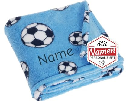 Playshoes Fußball Geschenk personalisiert - Blaue Fleece-Decke mit Namen Bestickt, Geschenk zur Geburt, Geburtstag, Taufe