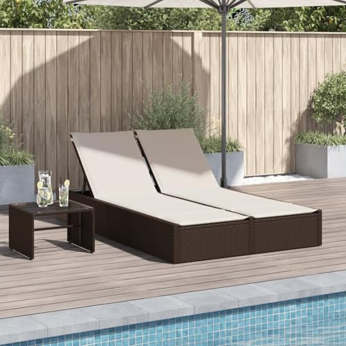 WGYHOME Dubbel solstol, brun PE-rotting 200 x 123 cm med justerbart ryggstöd och tvättbar kudde – för trädgård, terrass, poolområde
