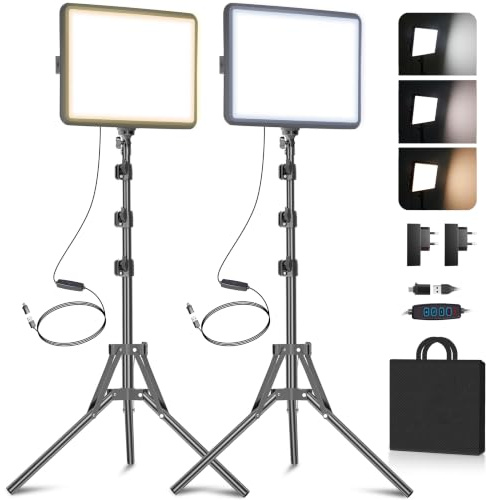 Video Licht Set, 2-Pack 25x20 cm 15 W LED Studio Fotolicht, Dimmbares 2800–6500K Kamera Licht für Video/Streamen von Selfies/Porträts im Innenbereich, Licht mit 160cm Stativ/TypC Adapter (2-Pack)