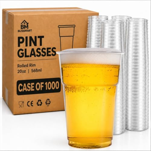 BLISSMART Plastic Pint Glasses Case of 1000 20oz 568ml UKCA Marked Clear BPA Free Strong Disposable Beer Cups Tumblers for Parties BBQs Events Catering