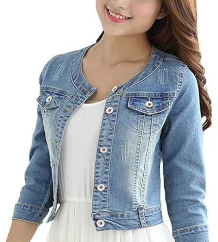 Damen Kurze Jeansjacke Rundhals Denim Dreiviertel Ärmel Hellblau Jacke, hellblau, Medium Zierlich