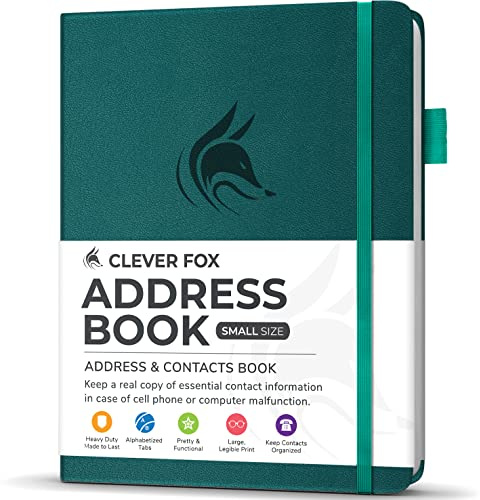 Clever Fox adressbok med alfabetiska flikar – PU-läder telefon och adressbok för att hålla kontakter säkra, kontaktorganiseringsdagbok, liten storlek (4,0 tum x 5,5 tum), inbunden, mörk blågrön