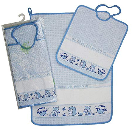 Set für Kindergarten, zum Sticken, 2 Stück: Frottee-Lätzchen mit Gummiband, 28 x 32 cm, Handtuch 40 x 55 cm, mit Band aus Ethamin, 100% Baumwolle, (Hellblau)