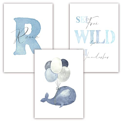 Pandawal Kinderzimmer Bilder mit Spruch und Name Wal 3er Poster- Set für Mädchen und Junge Wandbilder