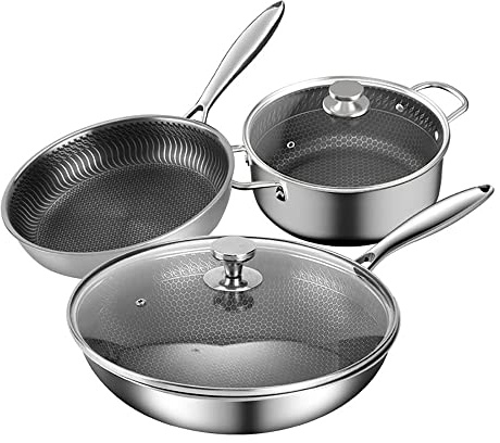Rocmoval Juego de 3 utensilios de cocina antiadherentes de acero inoxidable 316, sartén de 28 cm, sartén wok de 32 cm con tapa, olla de sopa de fondo plano de 26 cm con tapa