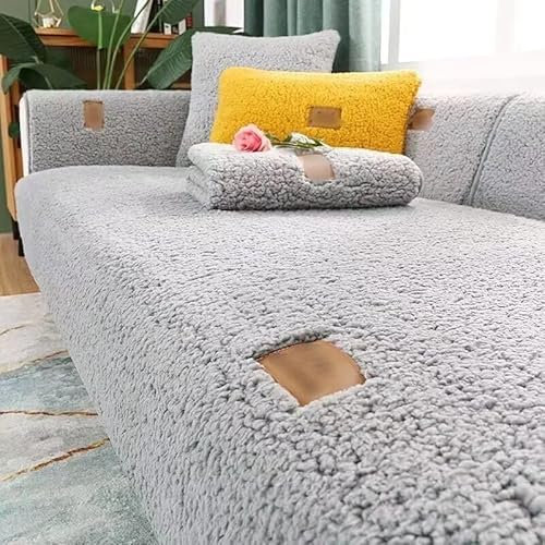 Tielag Sofaschoner Samt rutschfest 1 2 3 4 Sitzer, L Form Sofabezug, Sofaüberwurf, Sofa Überwurf Ecksofa, Sofaschutz Kinder, Katzen, Hunde, Kratzschutz, Grau, 90×180cm