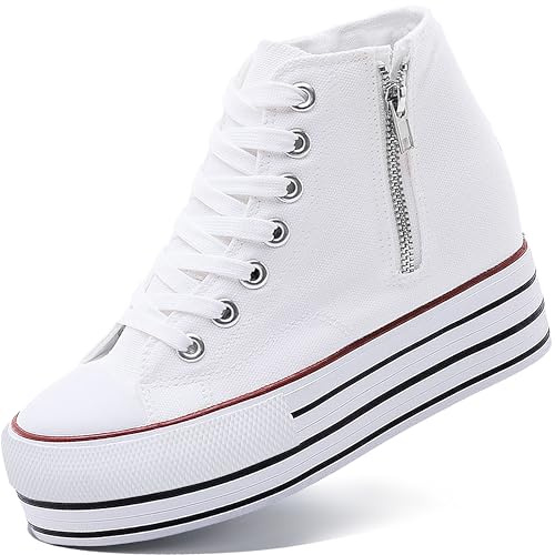 REFRASE LIFE Women’s Platform Wedge Sneakers 4 Inch Height Boost Hidden Heel High Top Canvas Shoes, Lace Up Side Zipper Casual Walking Shoes
