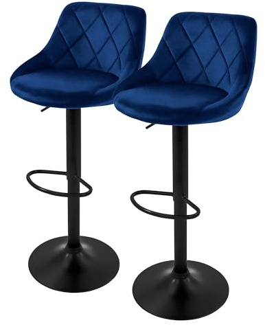 ML-Design Barhocker 2er Set, Bezug aus Samt, Blau, Gepolsterter Barstuhl mit Rückenlehne und Fußstütze, Tresenhocker höhenverstellbar 62-82 cm, 360° drehbar, Bistrohocker Hocker Drehstuhl Barstühle