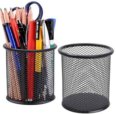 Qualsen Pen Holder for Desk, Metal Mesh Pen Pot, Round, Black, 2 Pack