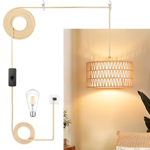 Qingmiao Boho Plug in Pendant Light, Rattan Hanging Lamp Plug in with Woven Shade, 3-Way Dimmable Hanging Light Fixture for Living Room Bedroom Kitchen Ceiling Home Decor