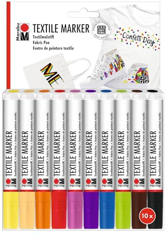 Marabu Textile Marker, 10er Set Textilstifte für helle Stoffe, Stoffmalstifte mit 3 mm Spitze, kräftige Farben auf Wasserbasis, vegan, nach Fixierung waschmaschinenfest bis 60°C, 0115000000200