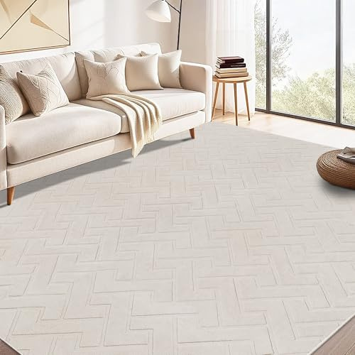 Famibay Rugs Living Room 160x230 Large Washable Beige Area Rugs Bedroom Fluffy Low Pile Geometric Soft Modern Carpet Anti Slip No Shedding for Bedroom Office Dining Room Decor