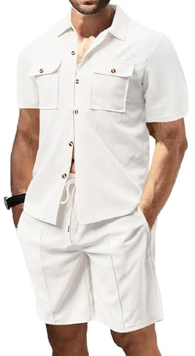 amropi Tuta Uomo Corto 2 Pezzi Waffle Maniche Corte Camicia Bottone e Pantaloncini Casual Estiva Completo Bianco, M
