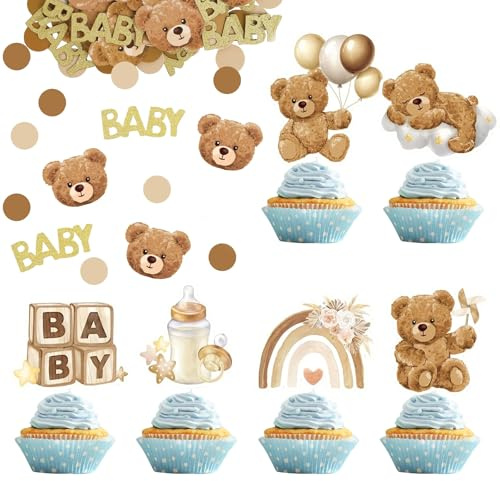 VEGCOO Set di 36 decorazioni per cupcake con orsetti + 100 coriandoli per baby shower, decorazione neutra per battesimo, compleanno e feste a tema