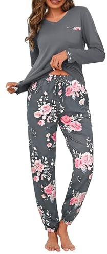 Jahetuul Women's Pyjama Sets Cotton Pjs for Ladies V Neck Long Sleeve Tops and Printed Pants with Pockets Drawstring Casual Soft Loungewear