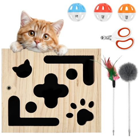 Jokapy Interactive Wooden Cat Toy with Sandpaper Play Stick and Claw Cutter, Cat Toy Interactive, Cat Scratching Puzzle for Home Cats Kittens Scratching Puzzle Claw Care Intera