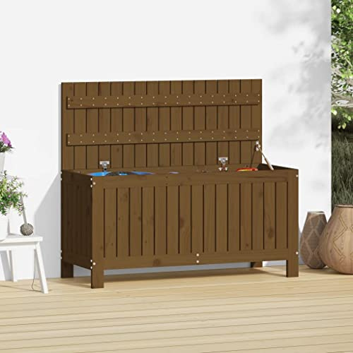 Vanitopaz Trädgårdskista, honungsbrun av massiv furu 108 x 42,5 x 54 cm med lock och gasfjäder, väderbeständig och vattentät för förvaringslåda, kuddlåda, förvaringsutrymme på balkongen, terrassen