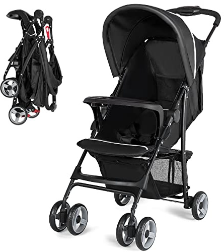 Baby Joy Lightweight Stroller, Compact Toddler Travel Stroller for Airplane, Infant Stroller w/Adjustable Backrest/Footrest/Canopy, 5-Point Harness, Storage Basket, Easy One-Hand Fold, Black