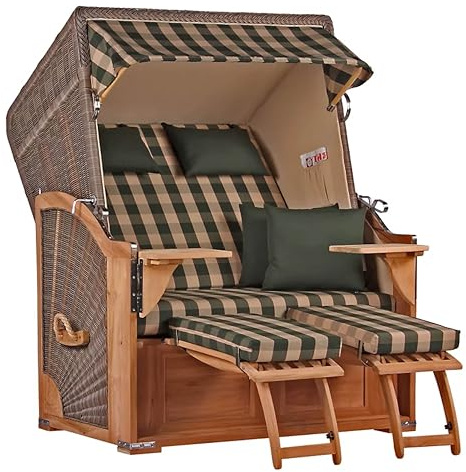 MR. DEKO® Strandkorb Seeblick 2-Sitzer Teakholz | PE Geflecht Grey | Volllieger verstellbar mit Fußablage | inkl. 4 Kissen + Wechselpolster | Strandkörbe Teak fertig montiert Strandstuhl (Dessin 506)