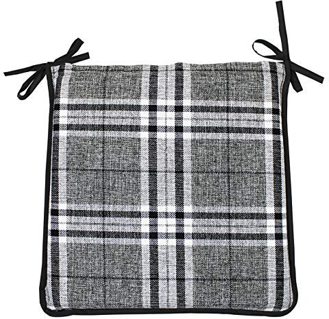 CnA Stores Set of 4 Tartan Check Reversible Kitchen Dining Garden Chair Cushion Seat Pads With Ties Zipped Removable Covers (Grey)