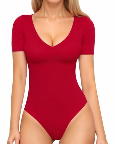MANGOPOP Women's Short Sleeve Bodysuit Sexy V Neck Body Suit Fitted Going Out Tops(Red,Large)