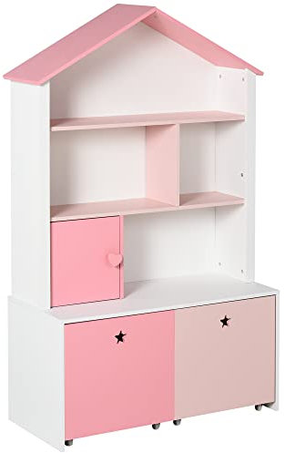 HOMCOM Libreria Scaffale Portagiochi Rosa per Cameretta Bimbi e Ragazzi con 2 Cassetti Estraibili, 80 x 34 x 130 cm
