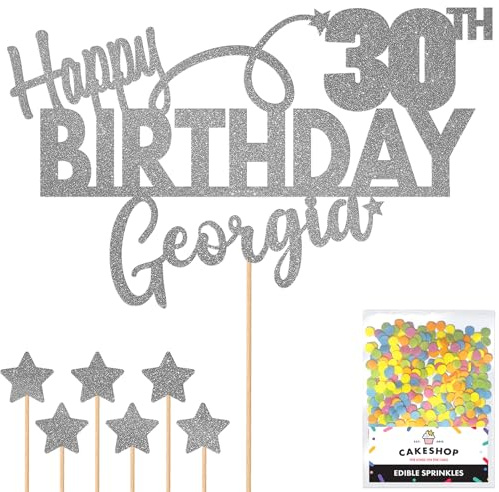 Personalised Happy Birthday Glitter Cake Topper - Dark Silver Any Name & Any Age Glitter Cake Decoration and Sprinkles - Happy Birthday Decorations - Personalised Toppers for Cakes by Cakeshop