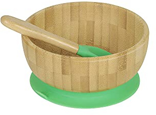 BIOZOYG Rundes Bambus-Schüssel-Set I Saugnapfschale mit Löffel – FSC-zertifiziert I Schüssel-Set für Kinder – Breischüssel für Babys & Müsli I Bambusgeschirr rund grün