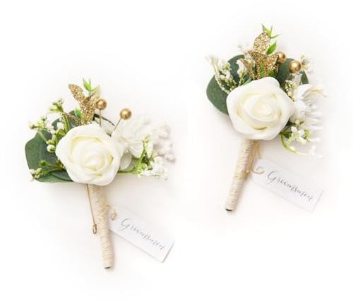 Ling's moment Boutonniere for Men, 2pcs Groom Groomsmen Guest Boutonniere, Artificial Flowers for Wedding/Prom/Homecoming, etc.White Baby Breath Ivory