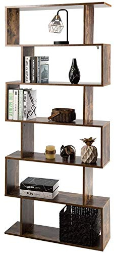 RELAX4LIFE Bücherregal Holz, Standregal mit 6 Ebenen, Büroregal für Bücher S-förmig, Ausstellungsregal für Wohnzimmer & Studierzimmer & Büro, Wandregal bis zu 90 kg belastbar, Aktenregal (Braun)