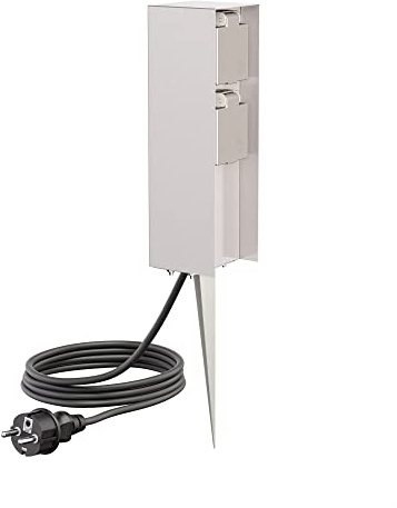 ledscom.de Columna de Toma de Corriente para jardín POMI con Pica de Tierra y 2m de Cable para Exterior, IP44, 2 Veces, Acero Inoxidable, Angular, 23cm