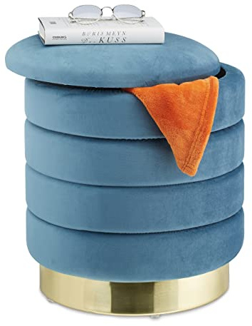 Relaxdays Pouf Coiffeuse Rangement, Rond, Tabouret Velours, siège rembourré élégant, HxD: 43,5x39 cm, Bleu pétrole/doré