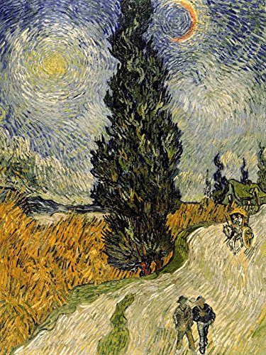 Kunstdruck auf Holz, Bars Road with Cypressen Van Gogh Vincent – Landschaft vertikales Bild Straße mit Zypressen, Kunstdruck, 74 x 55 cm