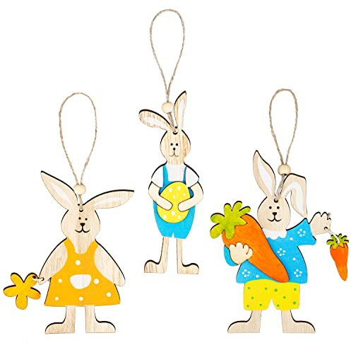 THEXIU Osteranhänger Hase Holz, 3pcs Osteranhänger Hase, Osterdekoration aus Holz, DIY Osterhase Deko, Holzhasen Deko, Osterhasen Osteranhänger, Osterschmuck zum Aufhängen für Fenster, Haustüren