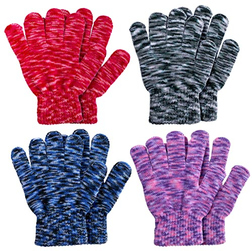 QKURT 4 Paar Winter Kinder Strickhandschuhe, Zauberhandschuhe für Kinder mit Tarnfarbe Unisex-Vollfinger-Stretch-Handschuhe für 2-6 Jahre Jungen und Mädchen
