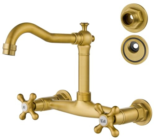 Airuida Wall Mounted 8 Inch Center Kitchen Sink Faucet Commercial Wall Mount Kitchen Tap Double Cross Handles 360 Rotatable Spout for Utility Laundry Restaurant Vintage Spout Antique Brass