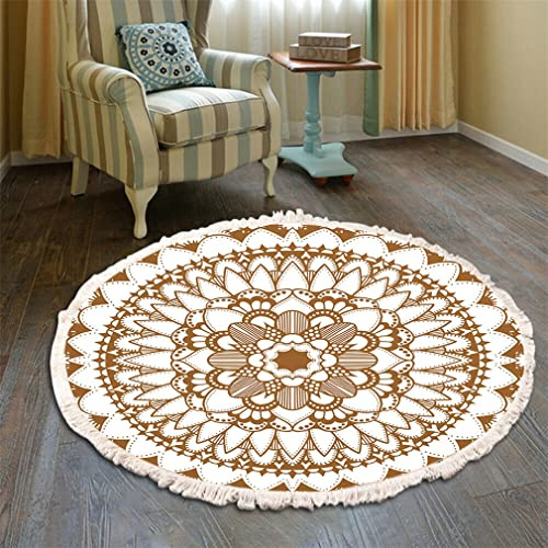 Teppich Rund Bohemian Blume Groß Teppich Mandala Muster Quasten Waschbarer Baumwolle Teppich Wohnzimmer Schlafzimmer (200cm,Braun)