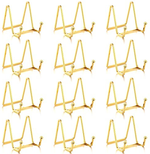 Kenning 12 Pieces Gold Plate Holder Easel Display Stand Metal Book Display Stand Tabletop Picture Frame Holder Photo Square Iron Easel Decorative for Kitchen Office Room Tabletop(3 Inch)