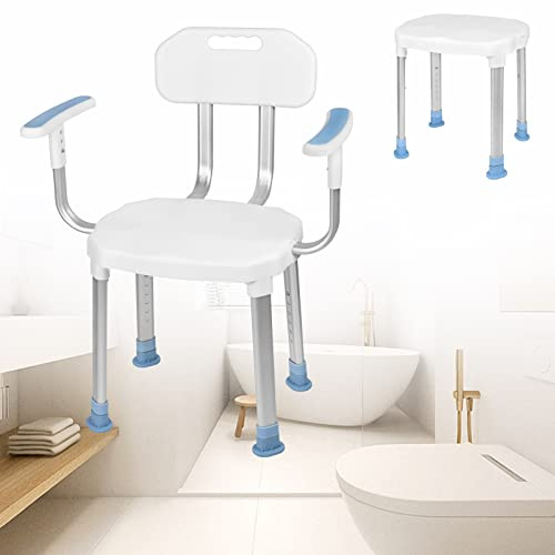 VA-Cerulean Duschhocker mit Rückenlehne und Armlehne,Aluminium Kunststoff Duschstuhl,Höhenverstellbar,Anti-Rutsch,Badhocker für Senioren Behinderte Schwangere(Type I)