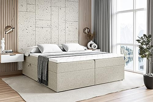 ALTDECOR Boxspringbett mit Matratze und Lattenrost, Boxbett, Topper, Polsterbett mit Bettkasten, Bett mit Stauraum H3-Matratze, Doppelbett, Springboxbett - Marce-BW - 180x200 - Beige Inari 22