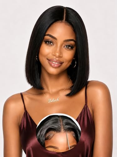 Echthaar Perücke Damen Pre Cut Lace Human Hair Wig 180% Dichte, 4x4 Straight Bob Lace Front Perücke Kurz Schwarz Wear And Go Glueless Wig Human Hair For Black Women 10 Zoll