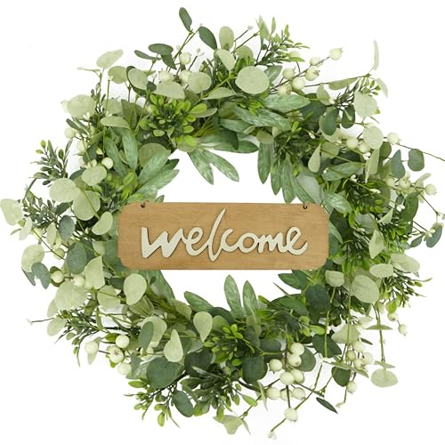 WreathDream Eucalyptus Wreaths for Front Door Spring Summer Fall Wreath with Welcome Sign,Eucalyptus Leaf,Olive Leaves,Berry for Front Door Farmhouse Indoor Outdoor Festival Porch Home Decor
