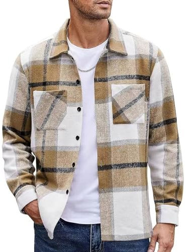 MakingDa Mens Flannel Shirt Long Sleeve Warm Thick Checked Shirt Button Down Casual Winter Plaid Shirts with Pockets Regular Fit Lapel Collar Check Shirt Jacket Smart Casual Work Shacket Khaki 4XL