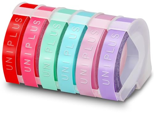 6x UniPlus 3D Etikettenband Ersatz für Dymo Prägeband für Omega Home Junior Organizer Xpress Pro Office-Mate II Motex E-101 E-303 Prägegerät Rosa Rot Helllila Hellblau Hellgrün Hellrosa 9mm x 3m