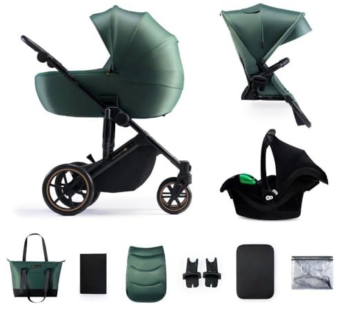 Kinderwagen Kinderkraft Prime 2 + Babywanne + Schutzhülle für Auto Mink Pro, Dunkelgrün