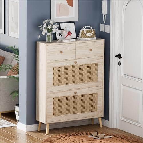 Schuhschrank aus natürlichem Rattan Moderner Schuhaufbewahrung mit 2 Klappschublade & 2 kleine Schubladen Versteckter Schuh-Organizer Schmale Schuhaufbewahrung Im Eingangsbereich 80*25*110CM