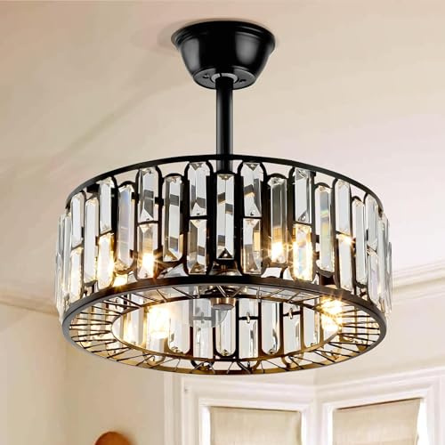 18 Crystal Ceiling Fan with Light Remote Control, Industrial Enclosed Bladeless Fandelier Ceiling Fan 3 Speeds Modern Black Caged Chandelier Fan fof Farmhouse Bedroom/742 (Color : Black)